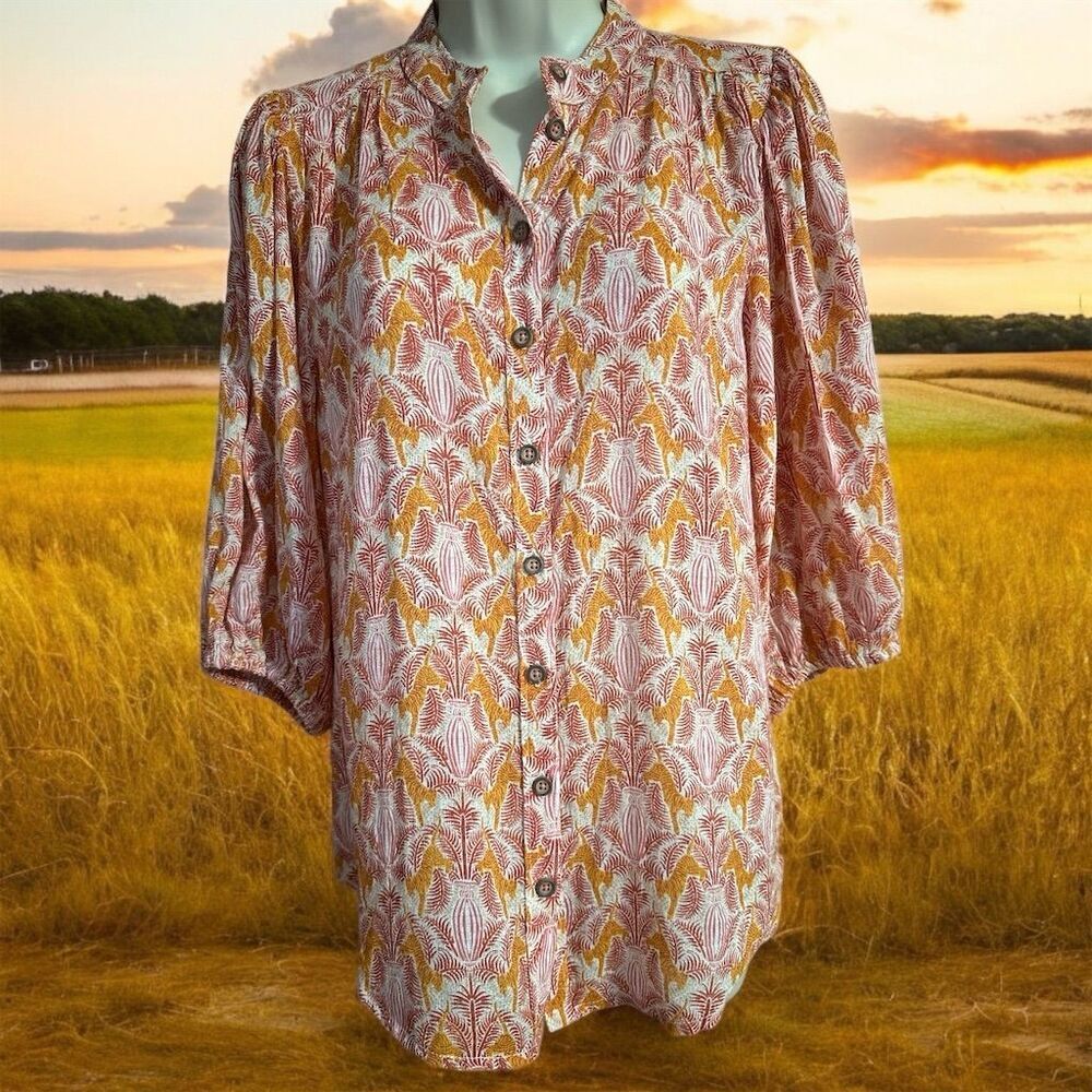 Maeve by Anthropologie Kalapana Tiger Palm Blouse 3/4 Puffy Sleeve Button Down